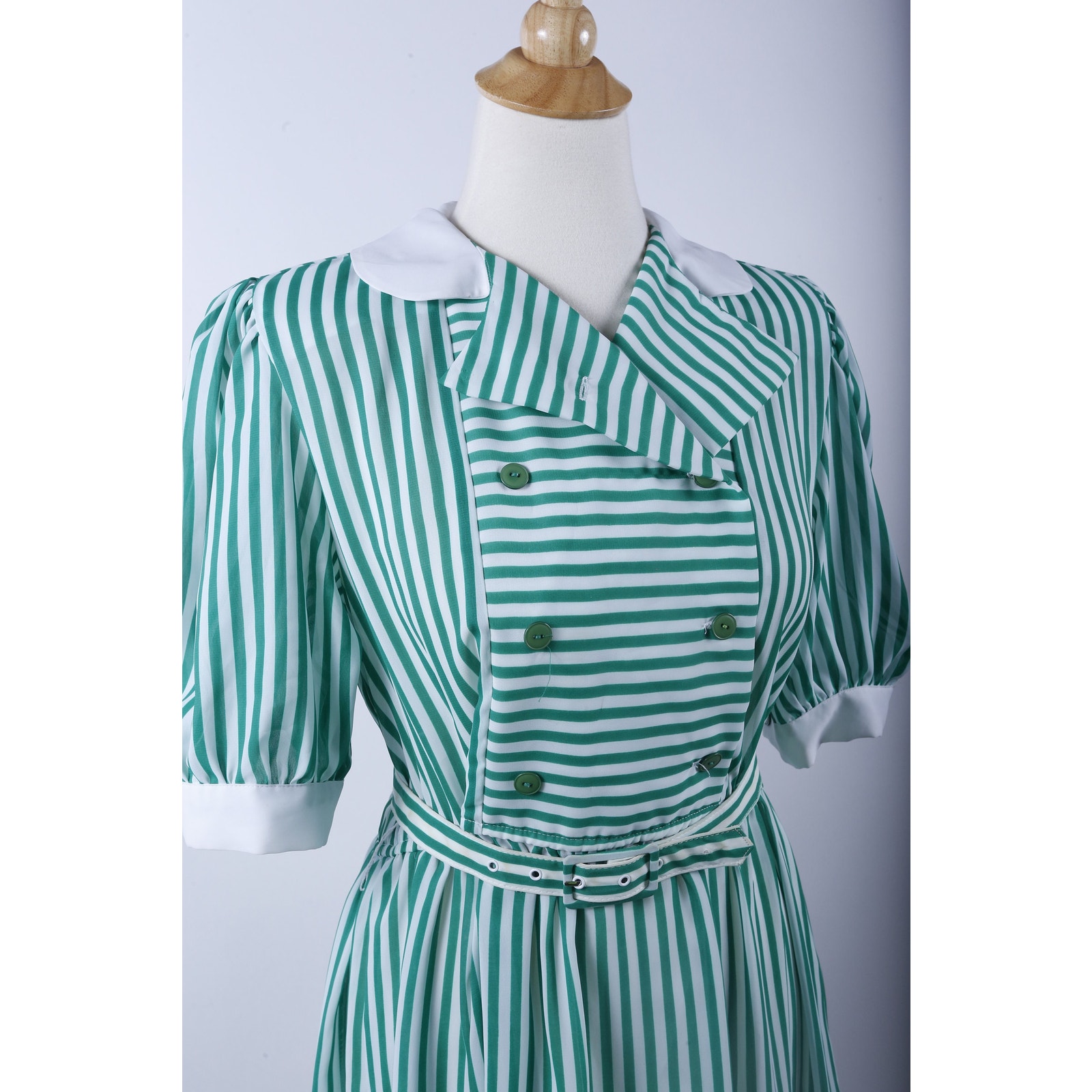 70s Dress, Striped, White, Green, Belt, Short Sleeves, White Collar, Impromptu,